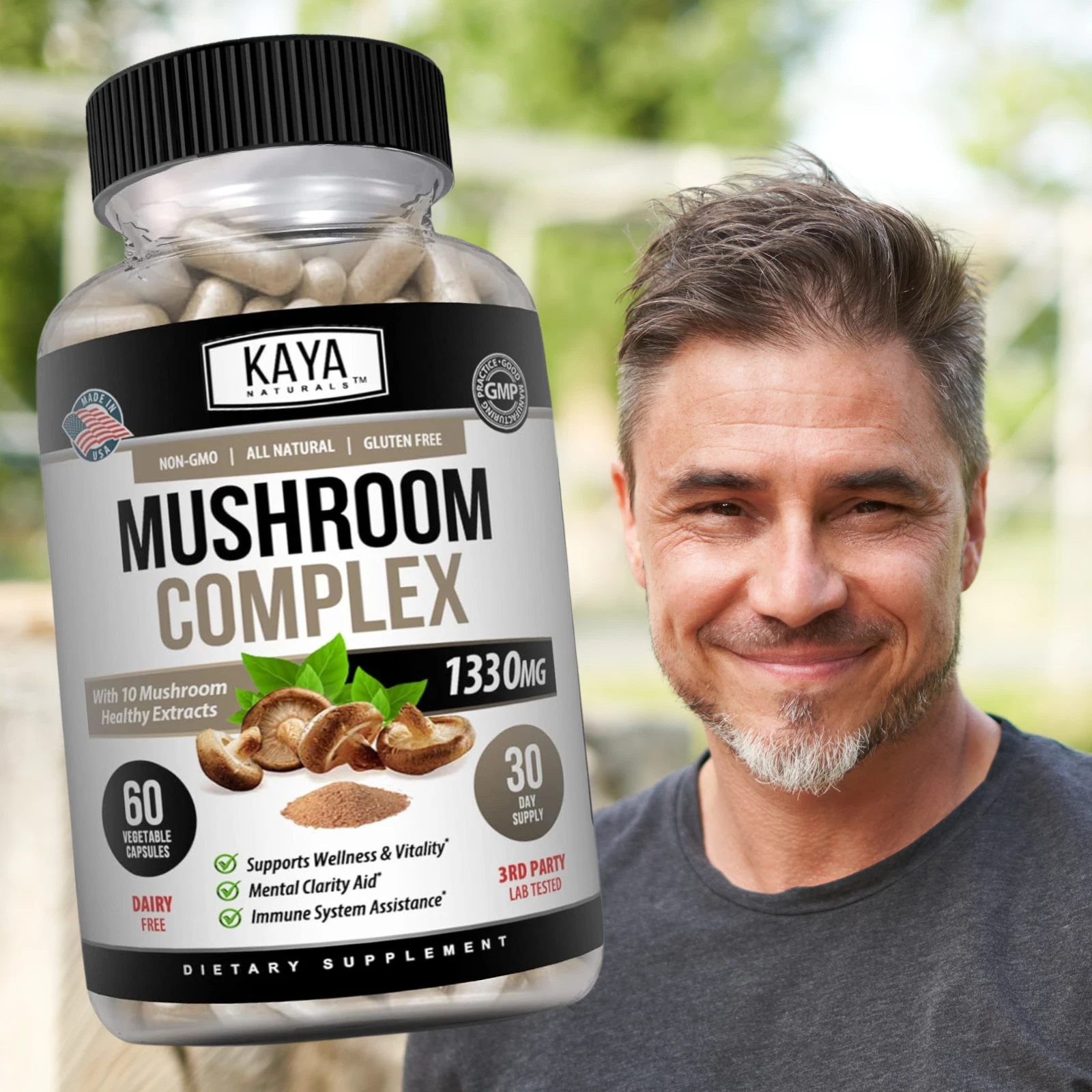 Bottle of Mushroom Complex Supplement with lion's mane, immune support to support health and wellness