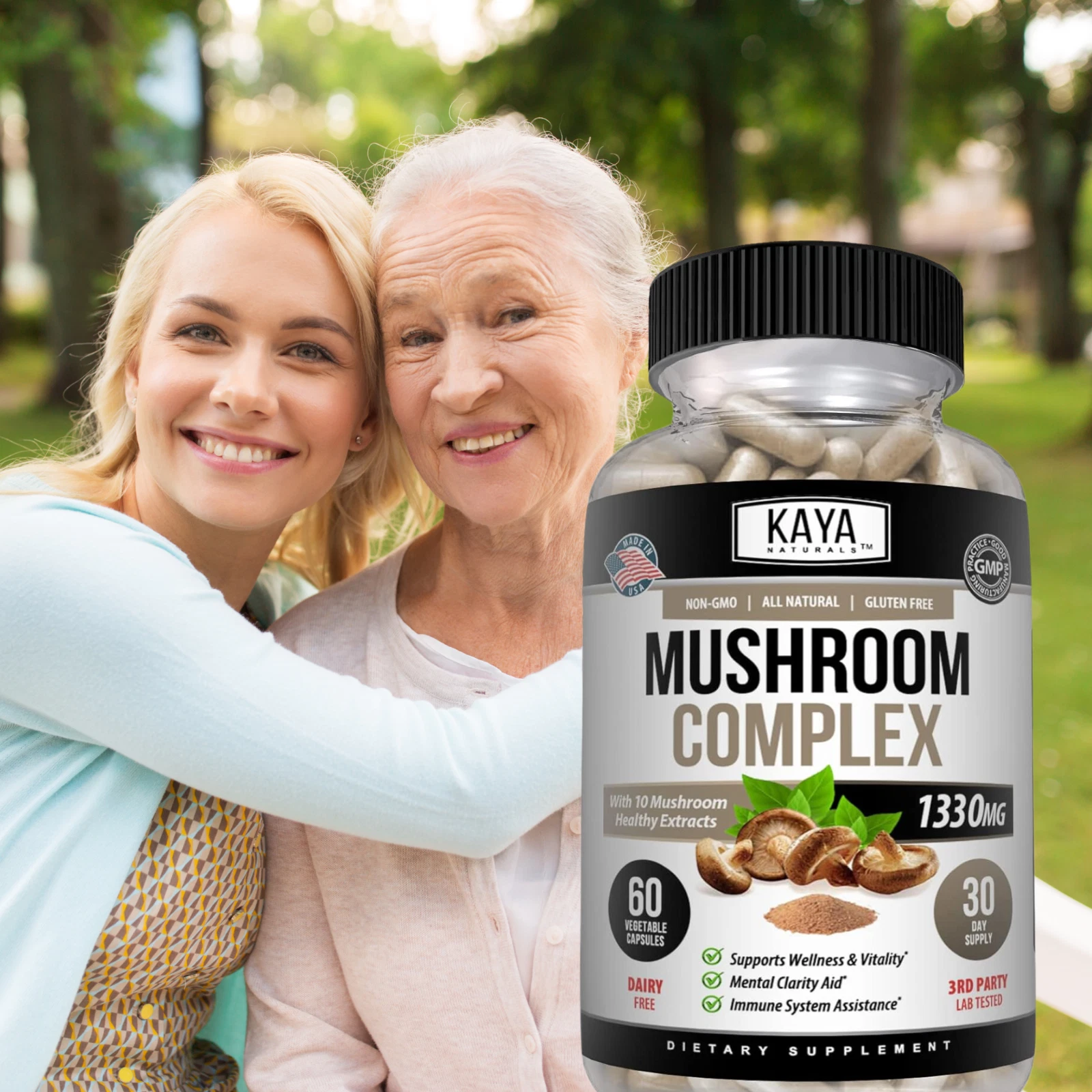 Bottle of Mushroom Complex Supplement with lion's mane, immune support to support health and wellness
