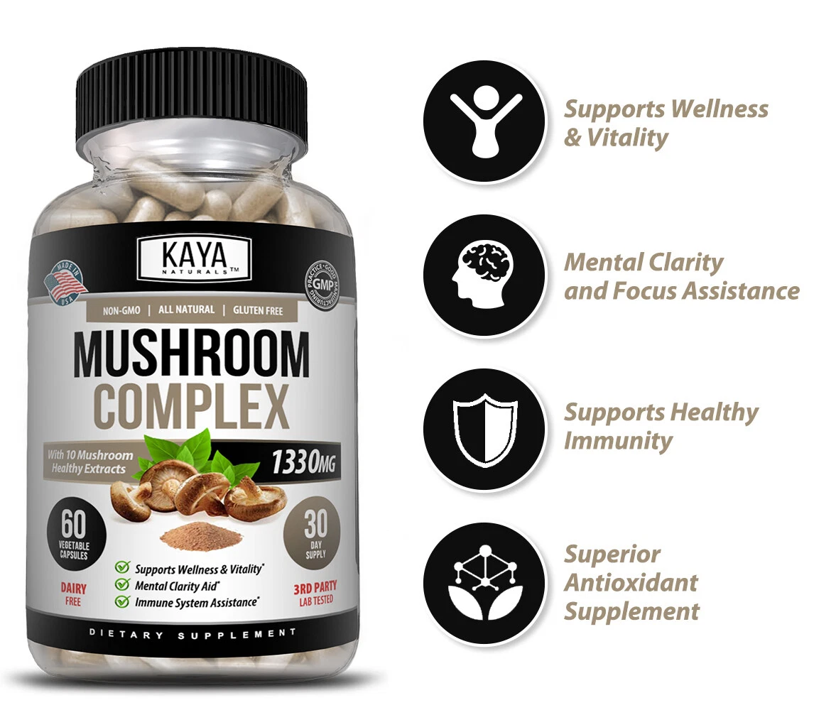 Bottle of Mushroom Complex Supplement with lion's mane, immune support to support health and wellness