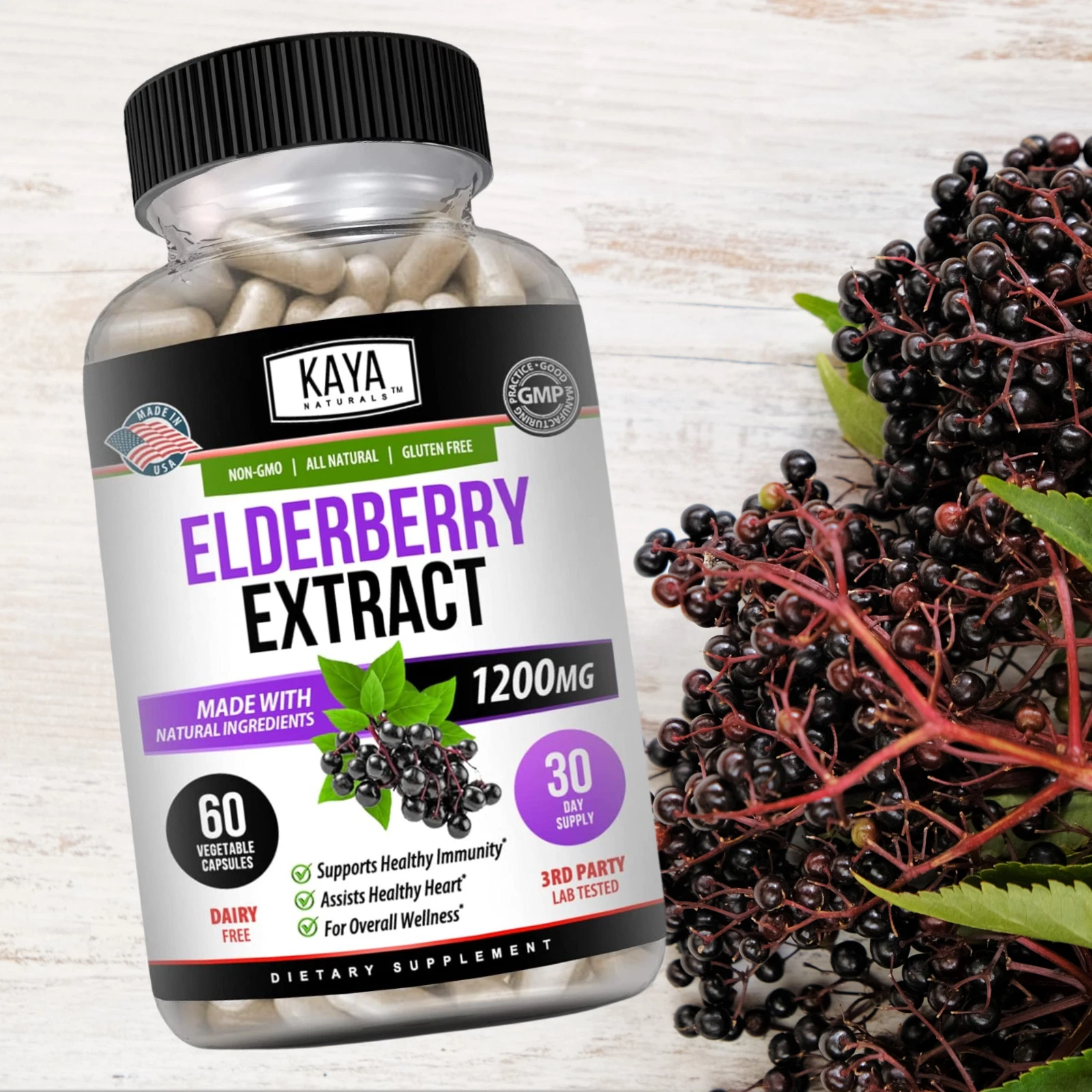 Bottle of Sambucus Black Elderberry with elderberry to support immune system