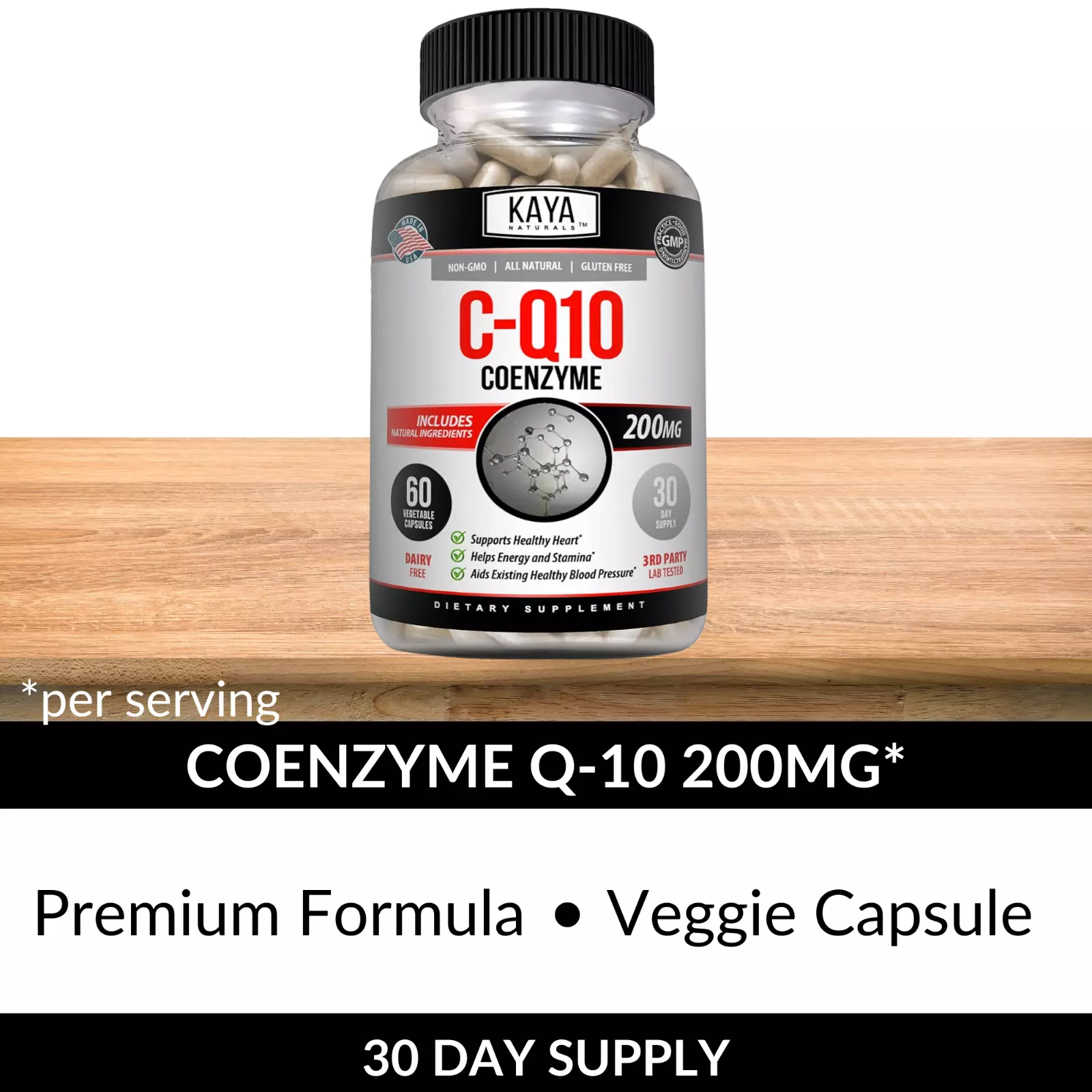 Bottle of CoQ10 200mg Supplement with coq10, heart health support to support health and wellness