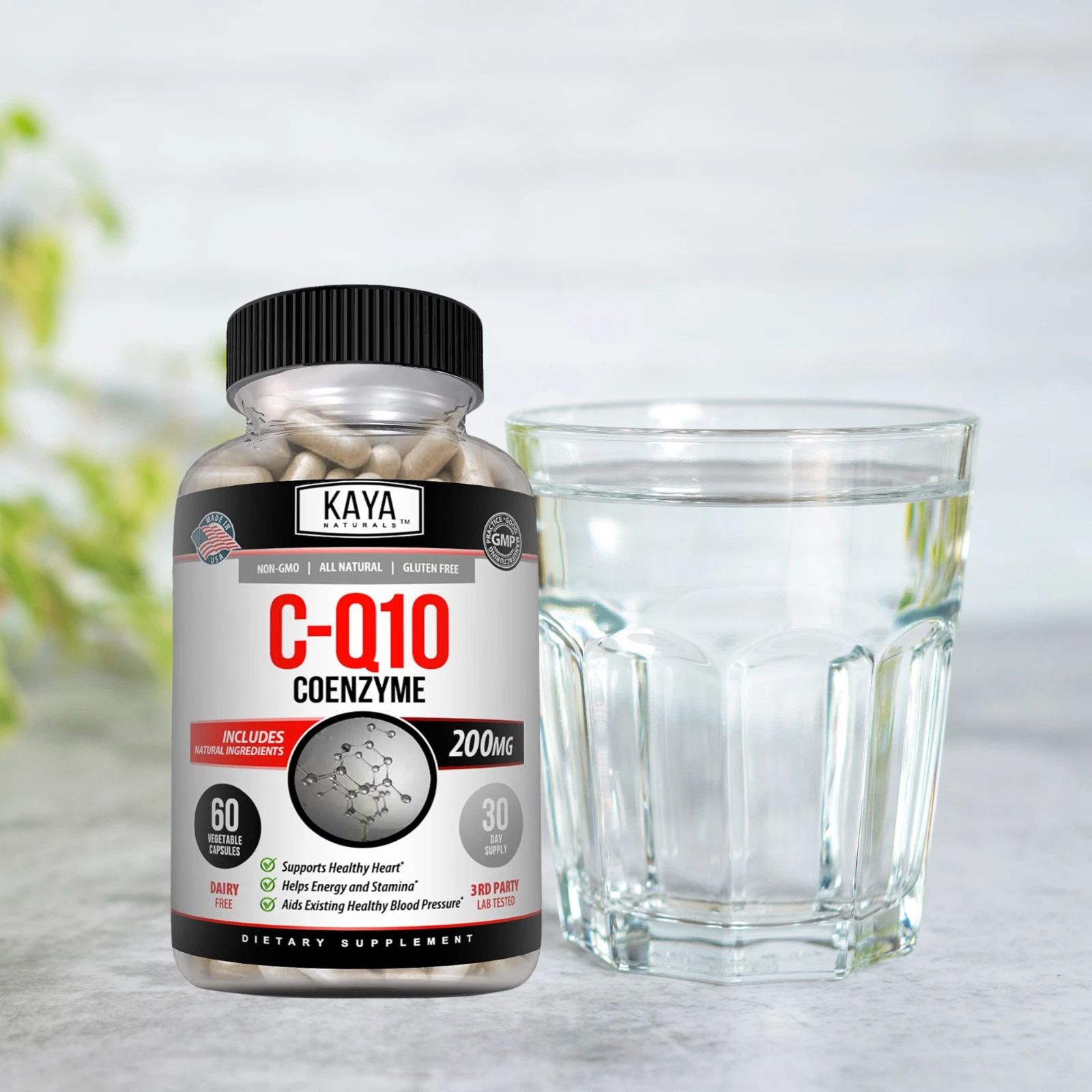Bottle of CoQ10 200mg Supplement with coq10, heart health support to support health and wellness
