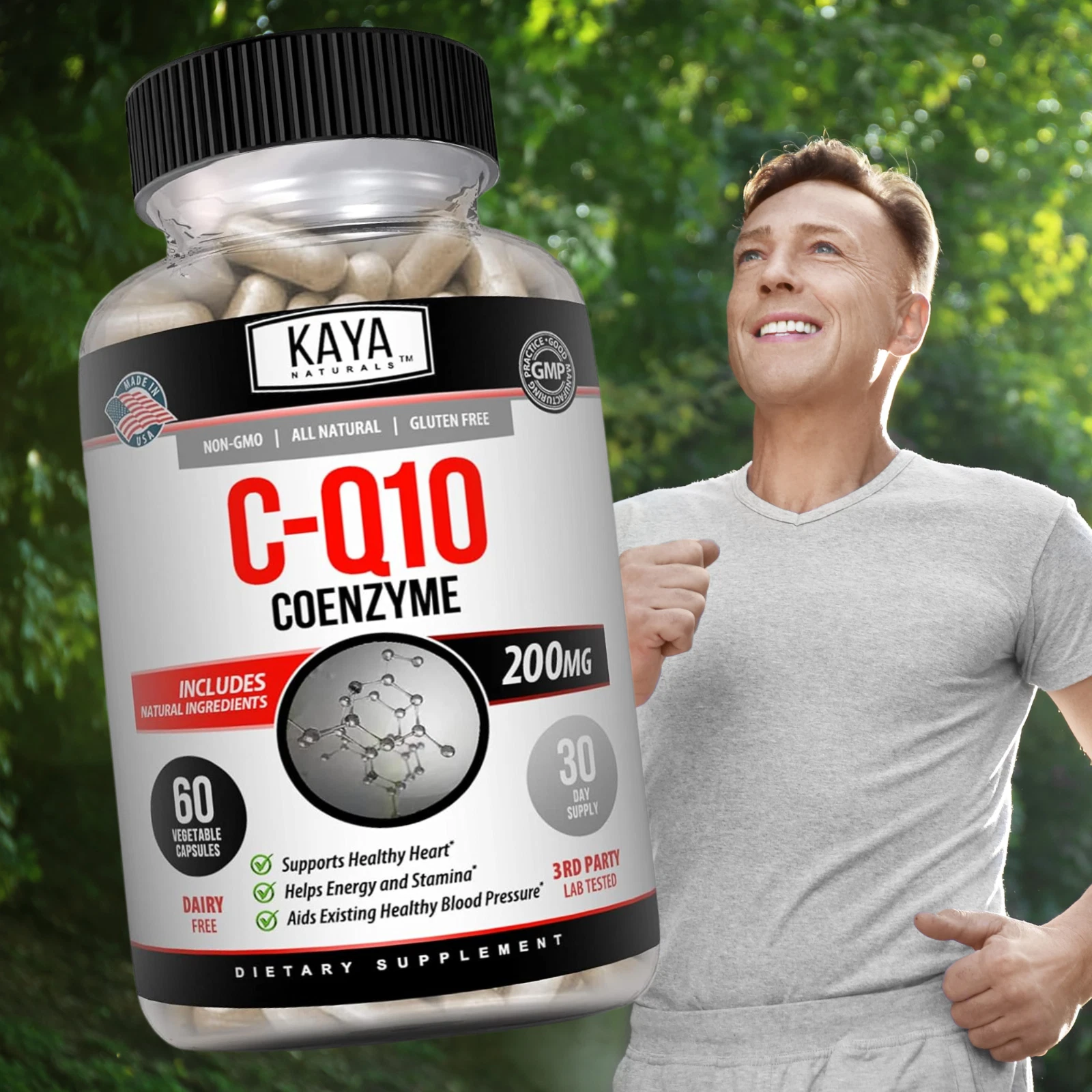 Bottle of CoQ10 200mg Supplement with coq10, heart health support to support health and wellness