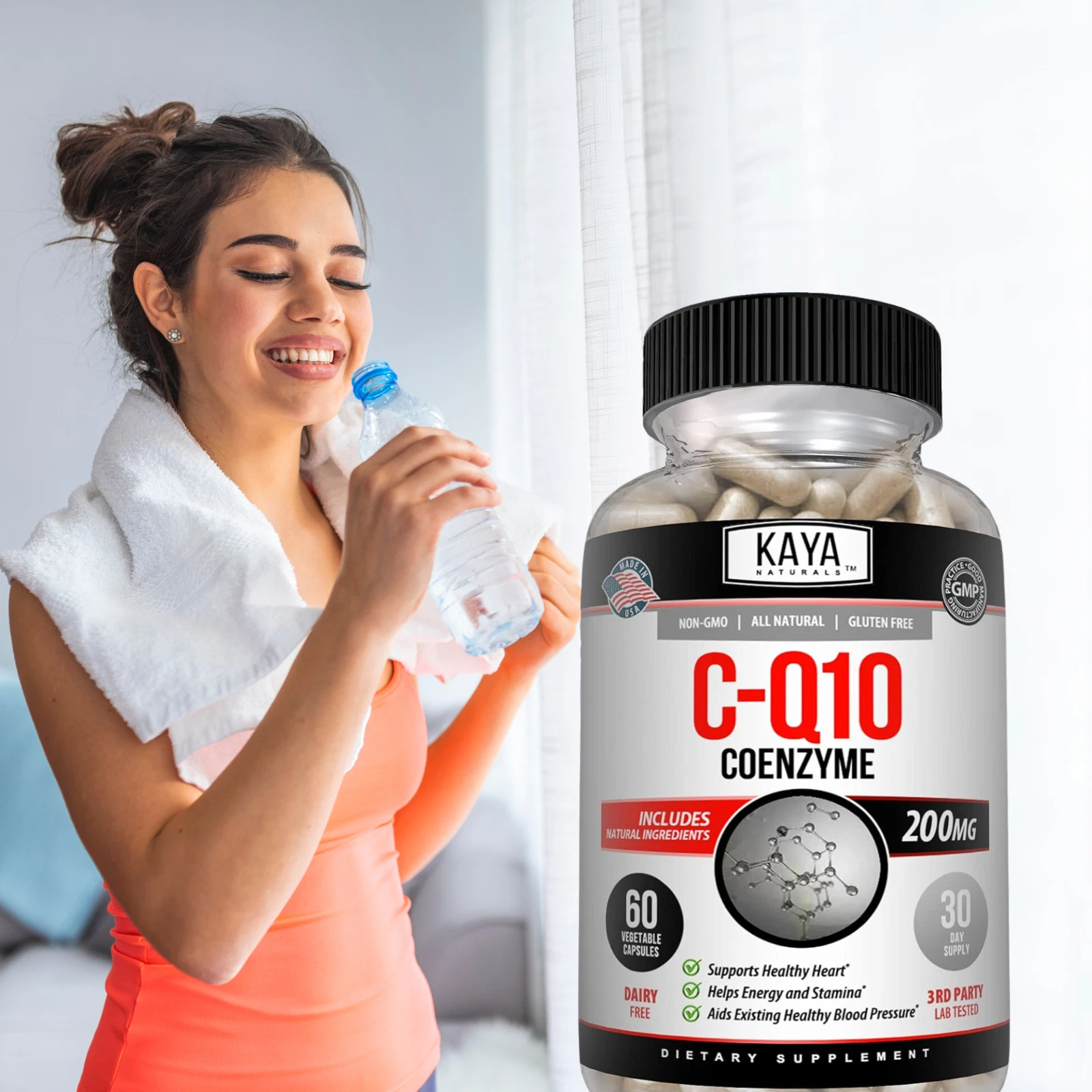 Bottle of CoQ10 200mg Supplement with coq10, heart health support to support health and wellness