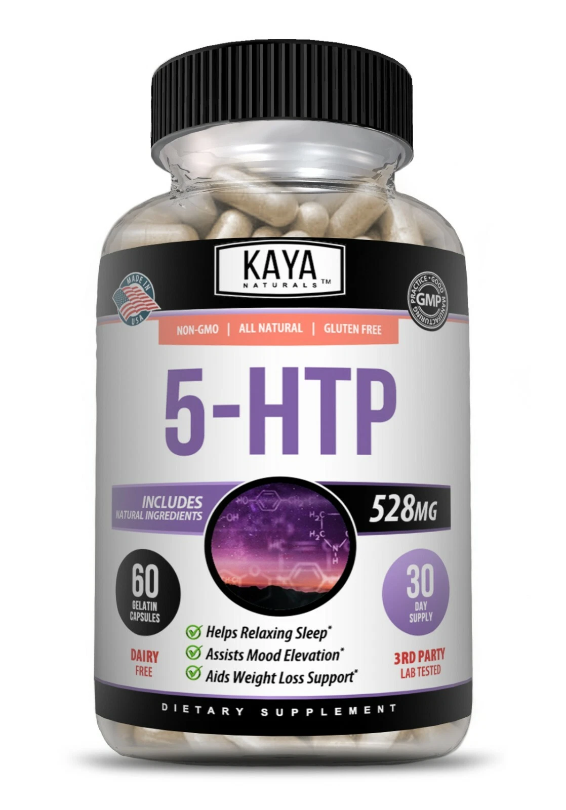 Bottle of 5-HTP 60ct with 5-htp, mood & sleep support to support health and wellness
