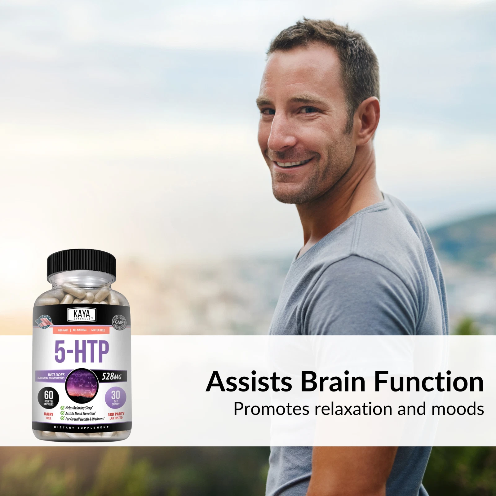 Bottle of 5-HTP 60ct with 5-htp, mood & sleep support to support health and wellness