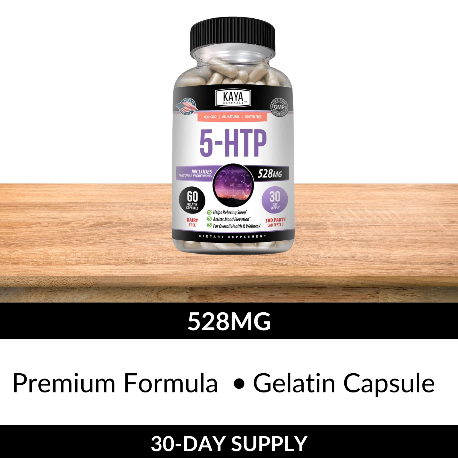 Bottle of 5-HTP 60ct with 5-htp, mood & sleep support to support health and wellness