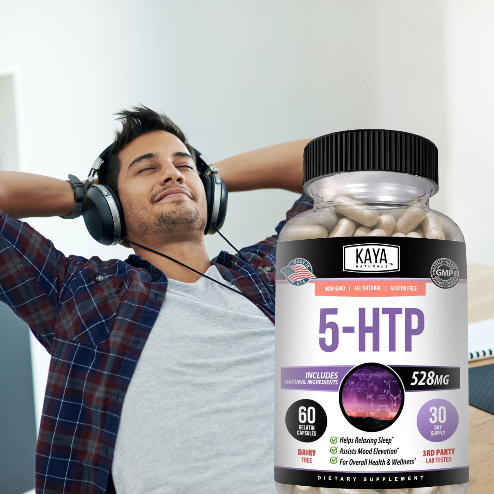 Bottle of 5-HTP 60ct with 5-htp, mood & sleep support to support health and wellness