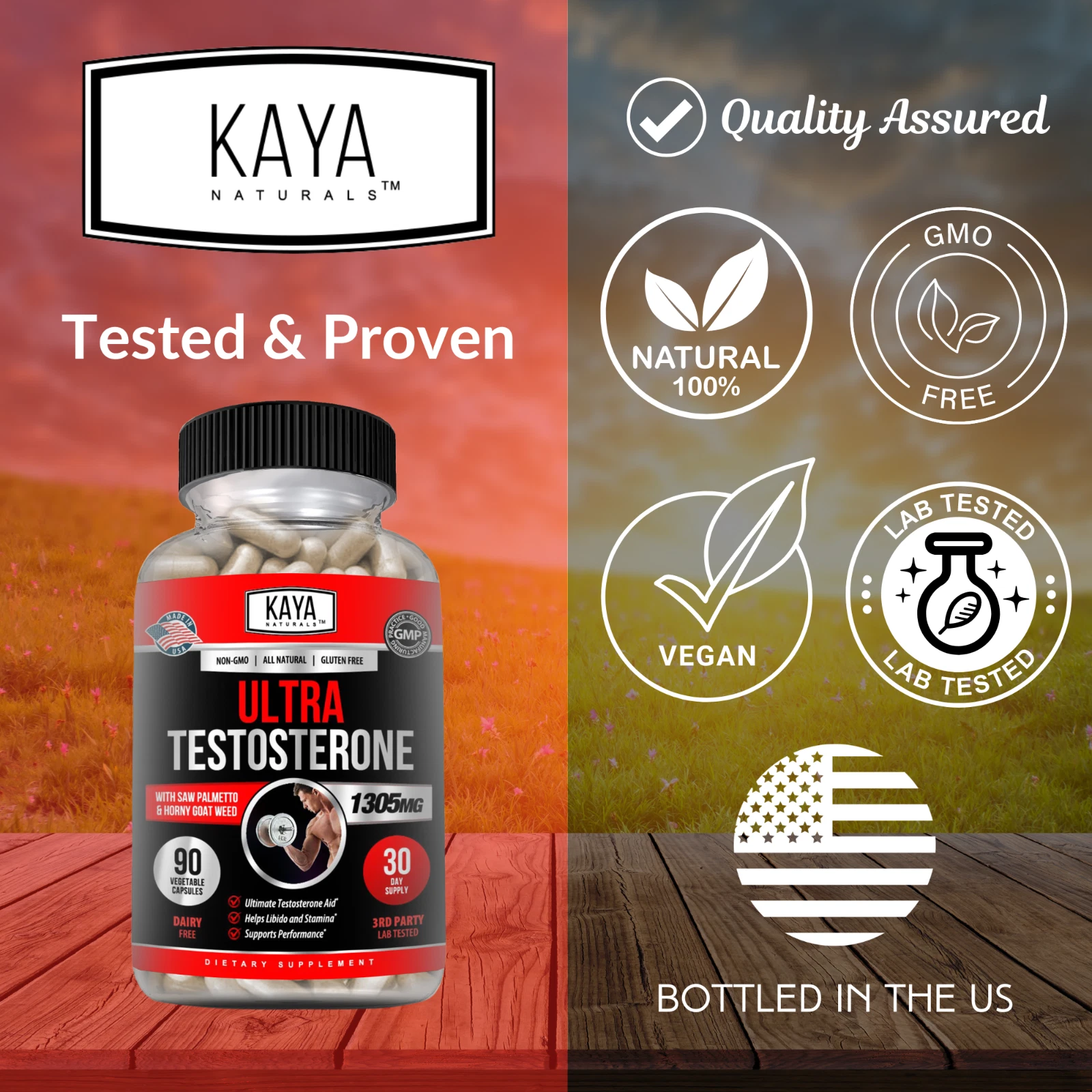Bottle of Testosterone Booster 90ct with testosterone, energy & muscle support to support health and wellness