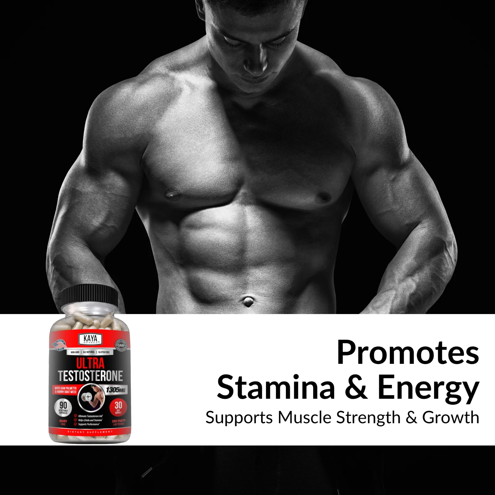 Bottle of Testosterone Booster 90ct with testosterone, energy & muscle support to support health and wellness