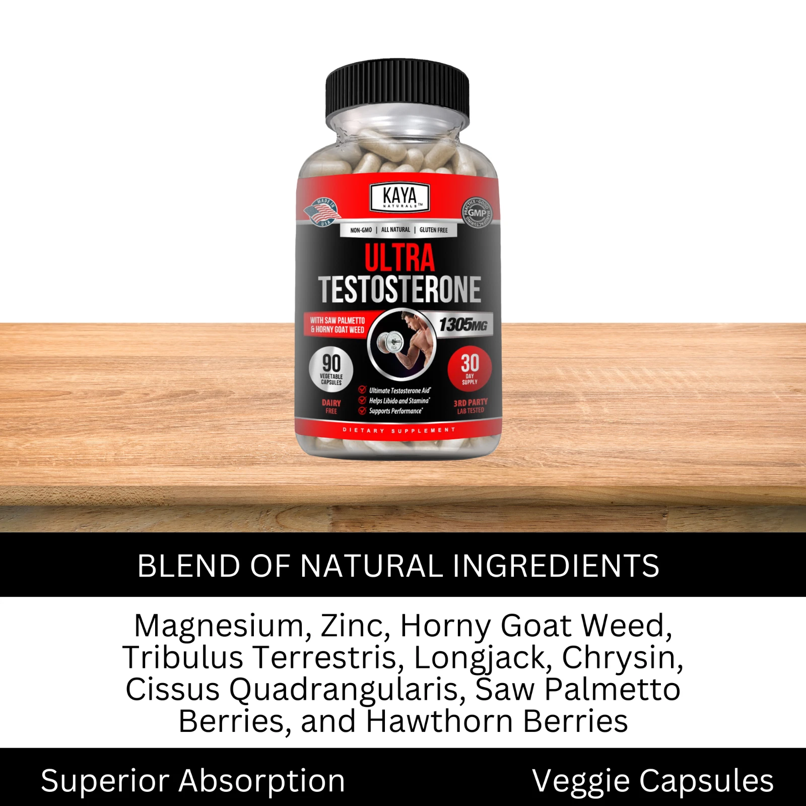 Bottle of Testosterone Booster 90ct with testosterone, energy & muscle support to support health and wellness