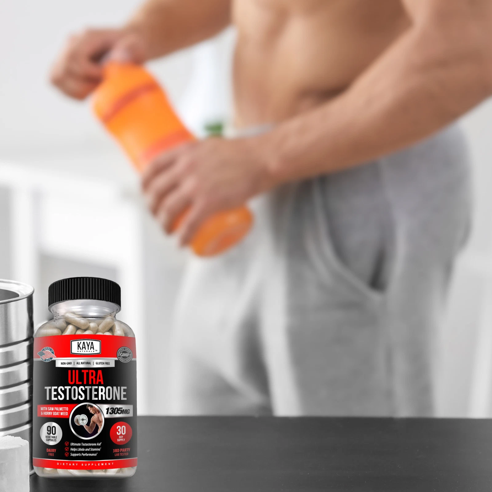 Bottle of Testosterone Booster 90ct with testosterone, energy & muscle support to support health and wellness