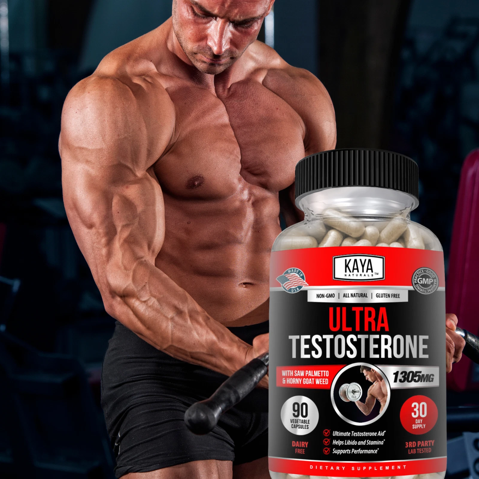 Bottle of Testosterone Booster 90ct with testosterone, energy & muscle support to support health and wellness