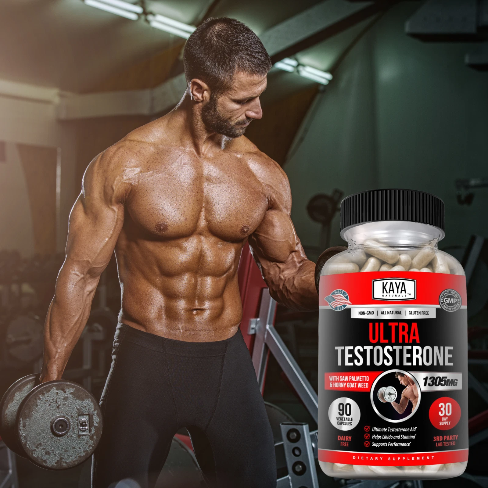Bottle of Testosterone Booster 90ct with testosterone, energy & muscle support to support health and wellness