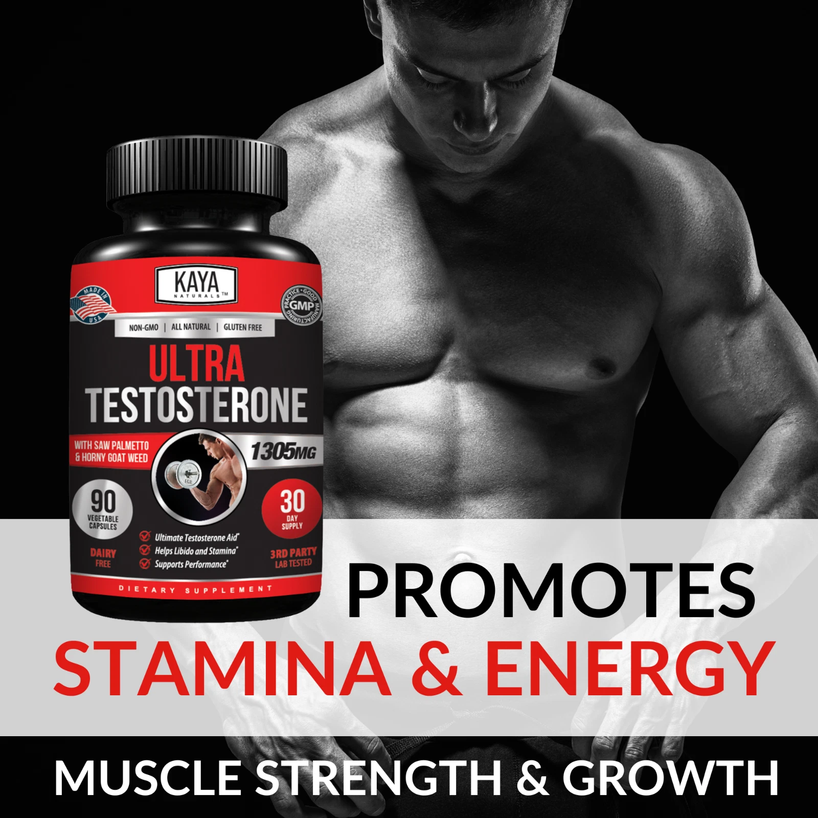 Bottle of Testosterone Booster 90ct with testosterone, energy & muscle support to support health and wellness