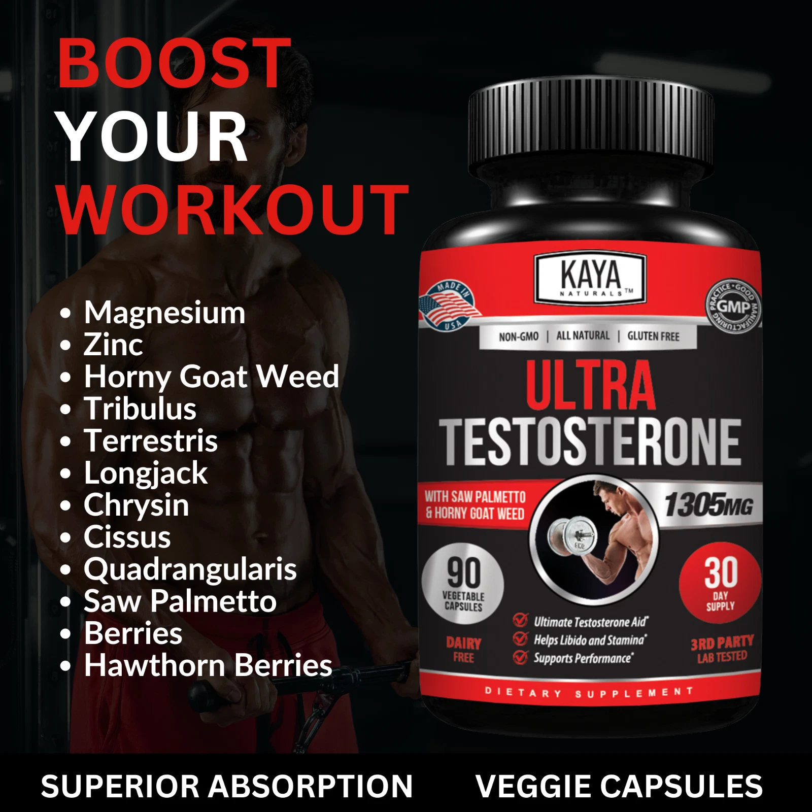 Bottle of Testosterone Booster 90ct with testosterone, energy & muscle support to support health and wellness
