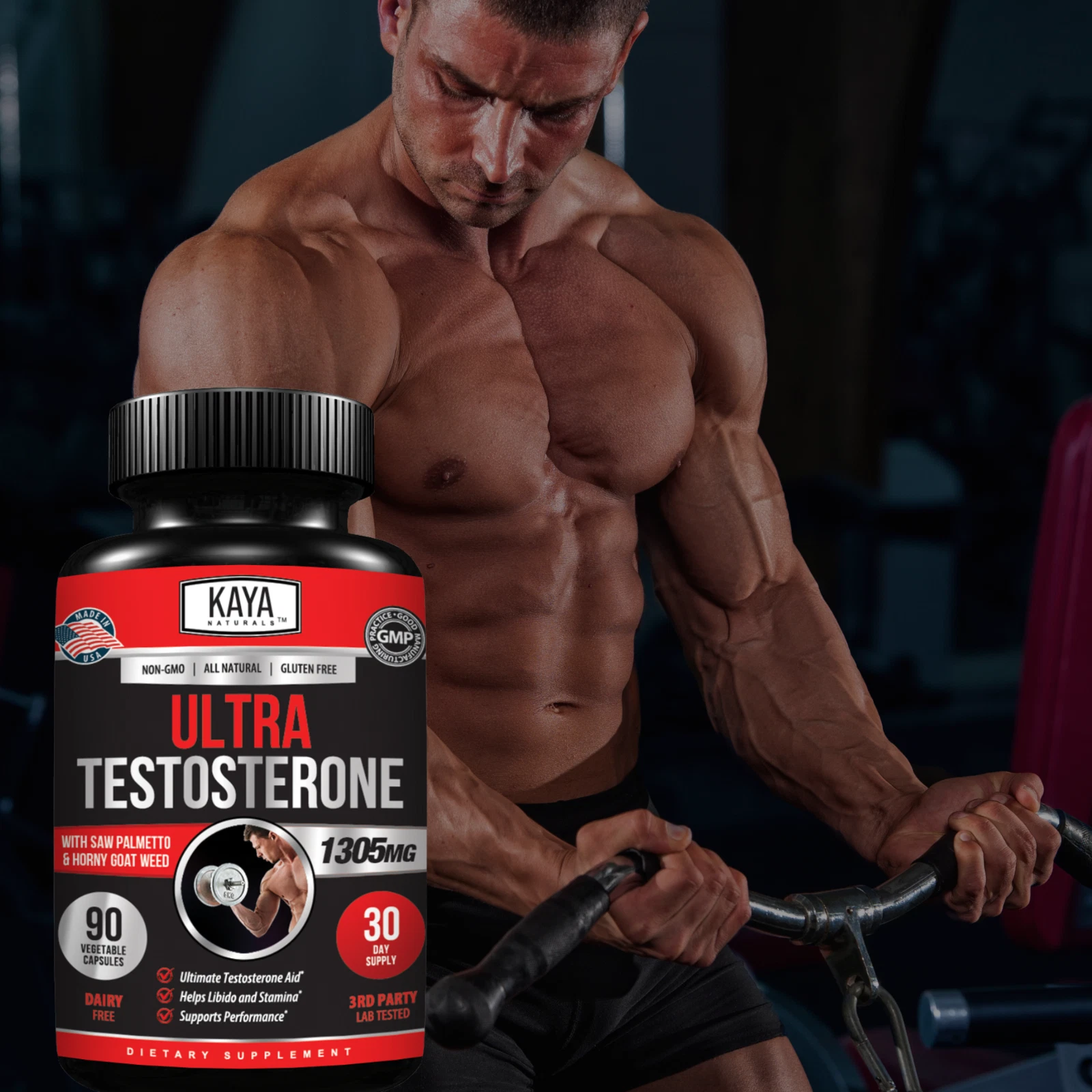 Bottle of Testosterone Booster 90ct with testosterone, energy & muscle support to support health and wellness
