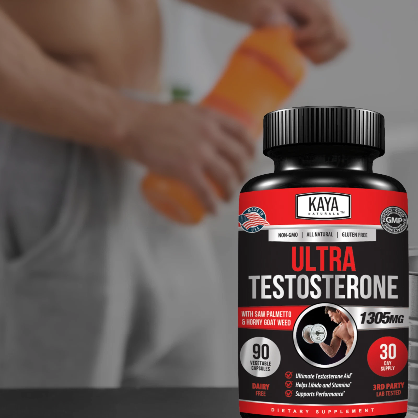 Bottle of Testosterone Booster 90ct with testosterone, energy & muscle support to support health and wellness