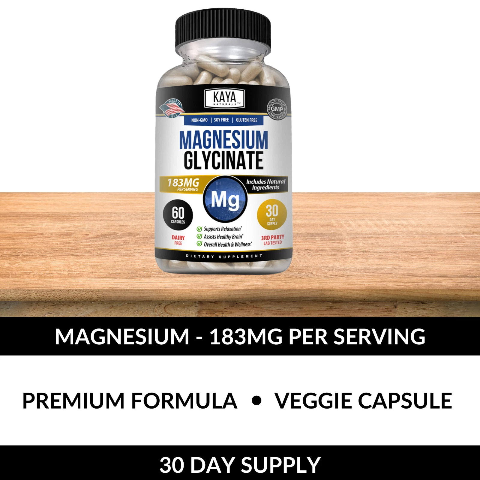Bottle of Magnesium Glycinate 183mg with magnesium, sleep & stress support to support health and wellness
