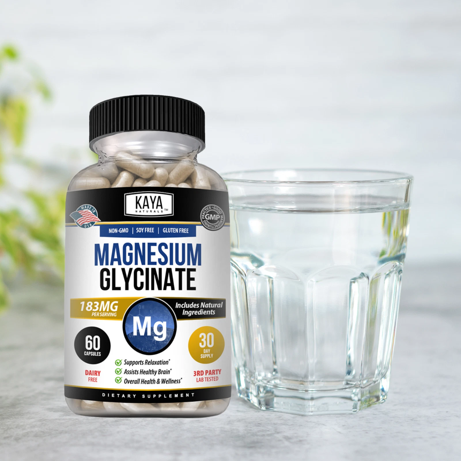Bottle of Magnesium Glycinate 183mg with magnesium, sleep & stress support to support health and wellness