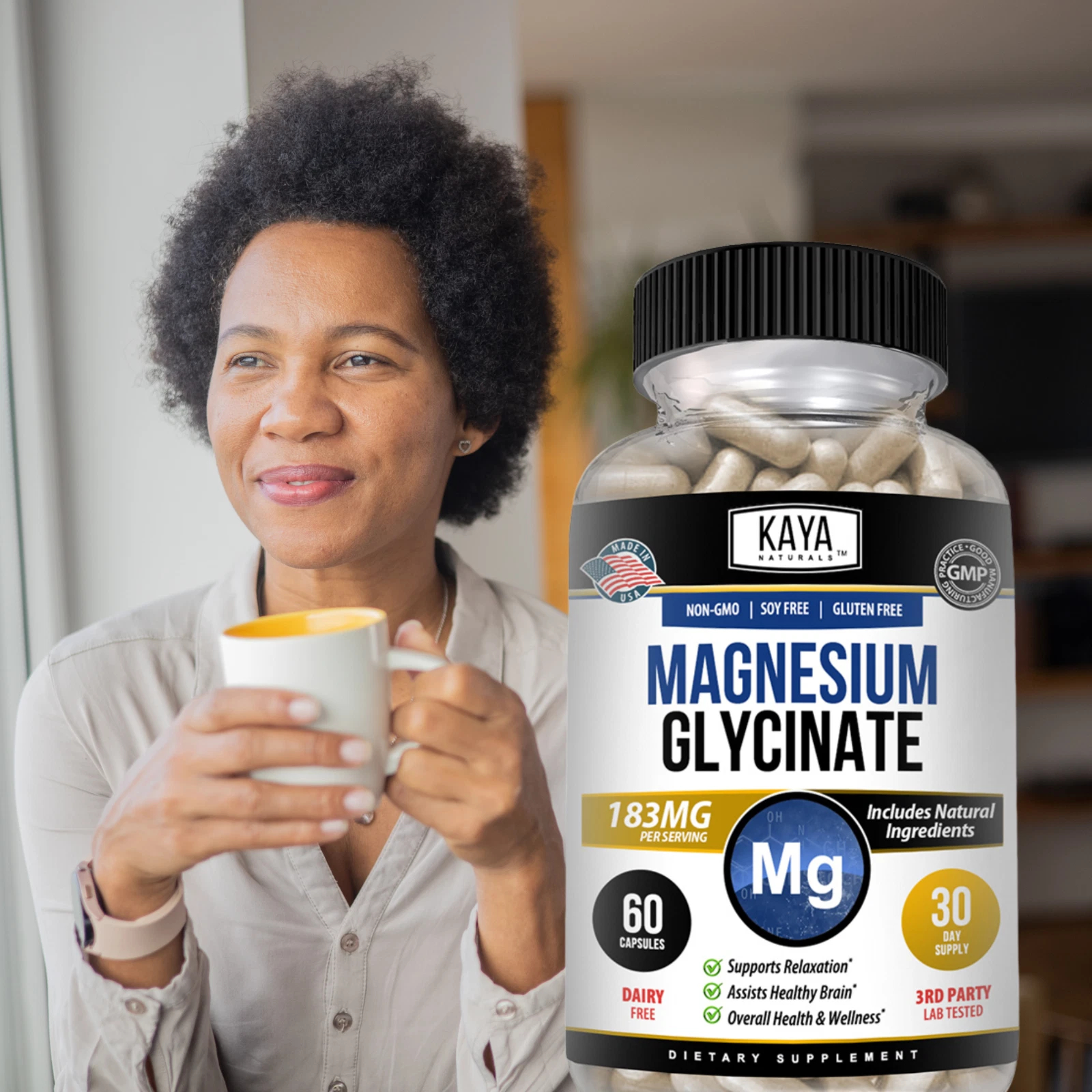 Bottle of Magnesium Glycinate 183mg with magnesium, sleep & stress support to support health and wellness