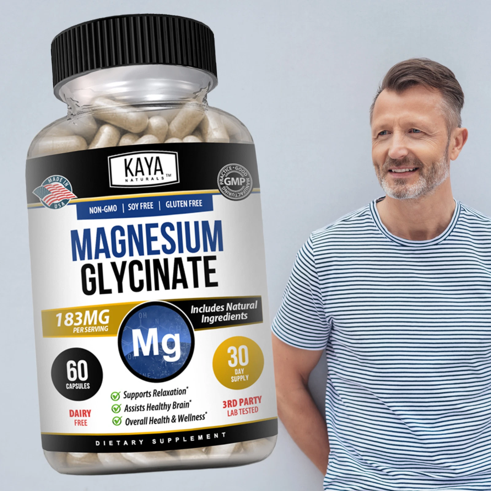 Bottle of Magnesium Glycinate 183mg with magnesium, sleep & stress support to support health and wellness