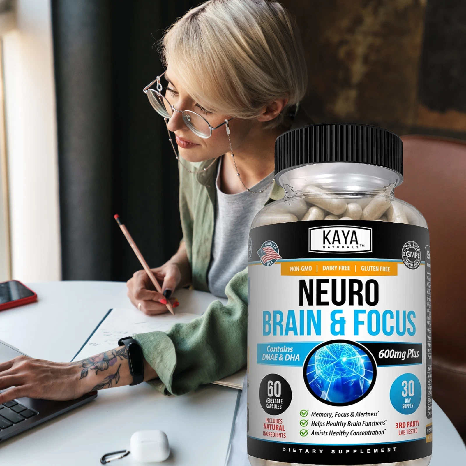 Bottle of Brain Health & Memory Booster with nootropic, memory & focus support to support health and wellness