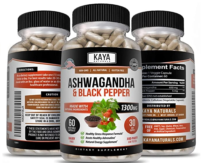 Bottle of Ashwagandha Capsules 1300mg 60ct with ashwagandha, stress & anxiety support to support health and wellness