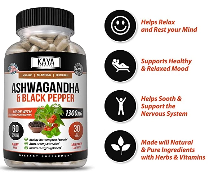 Bottle of Ashwagandha Capsules 1300mg 60ct with ashwagandha, stress & anxiety support to support health and wellness