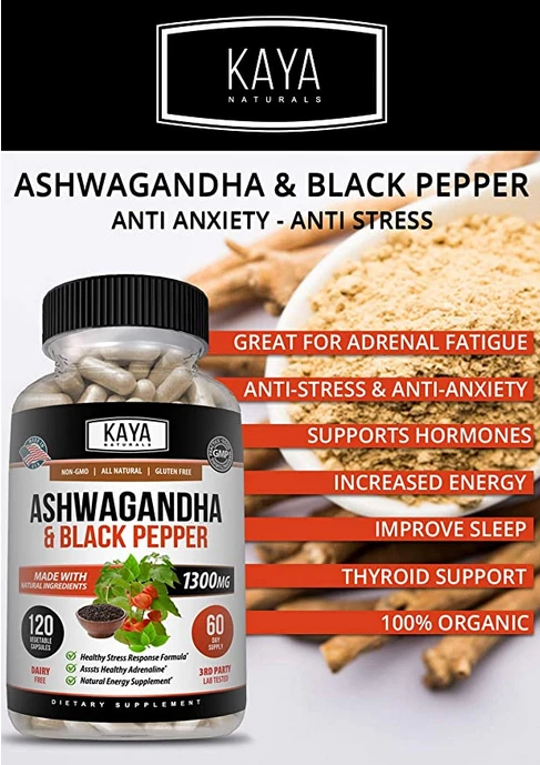 Bottle of Ashwagandha Capsules 1300mg 60ct with ashwagandha, stress & anxiety support to support health and wellness