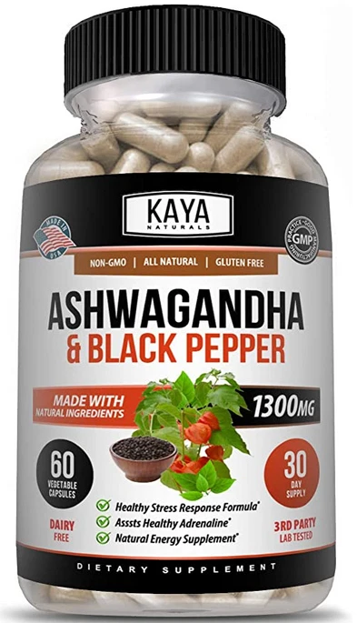 Bottle of Ashwagandha Capsules 1300mg 60ct with ashwagandha, stress & anxiety support to support health and wellness