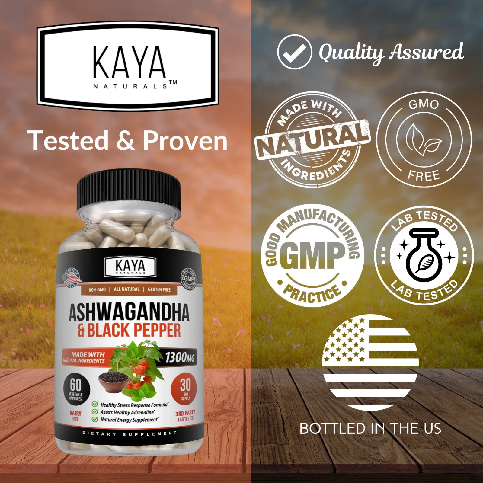 Bottle of Ashwagandha Capsules 1300mg 60ct with ashwagandha, stress & anxiety support to support health and wellness