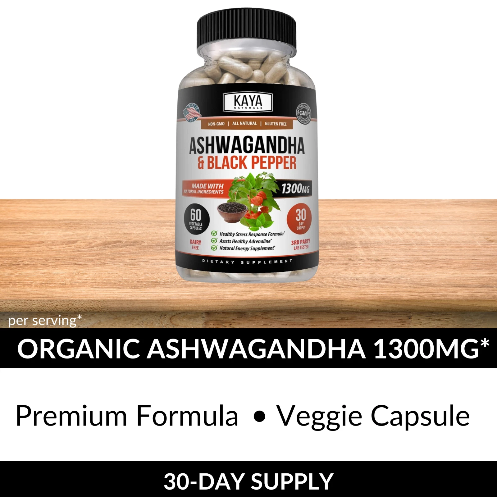 Bottle of Ashwagandha Capsules 1300mg 60ct with ashwagandha, stress & anxiety support to support health and wellness