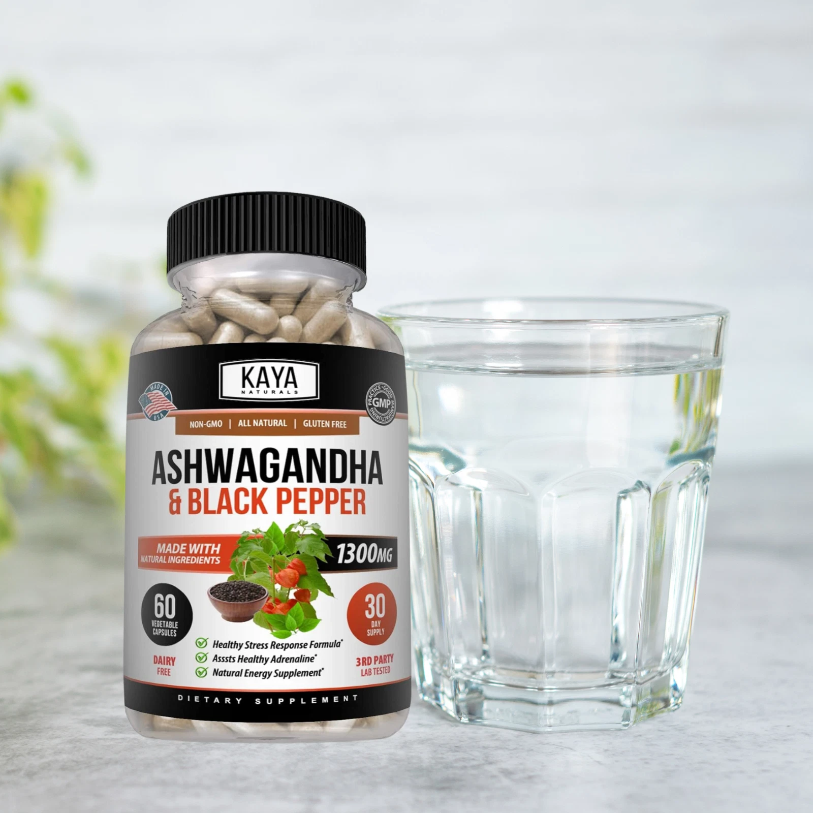 Bottle of Ashwagandha Capsules 1300mg 60ct with ashwagandha, stress & anxiety support to support health and wellness