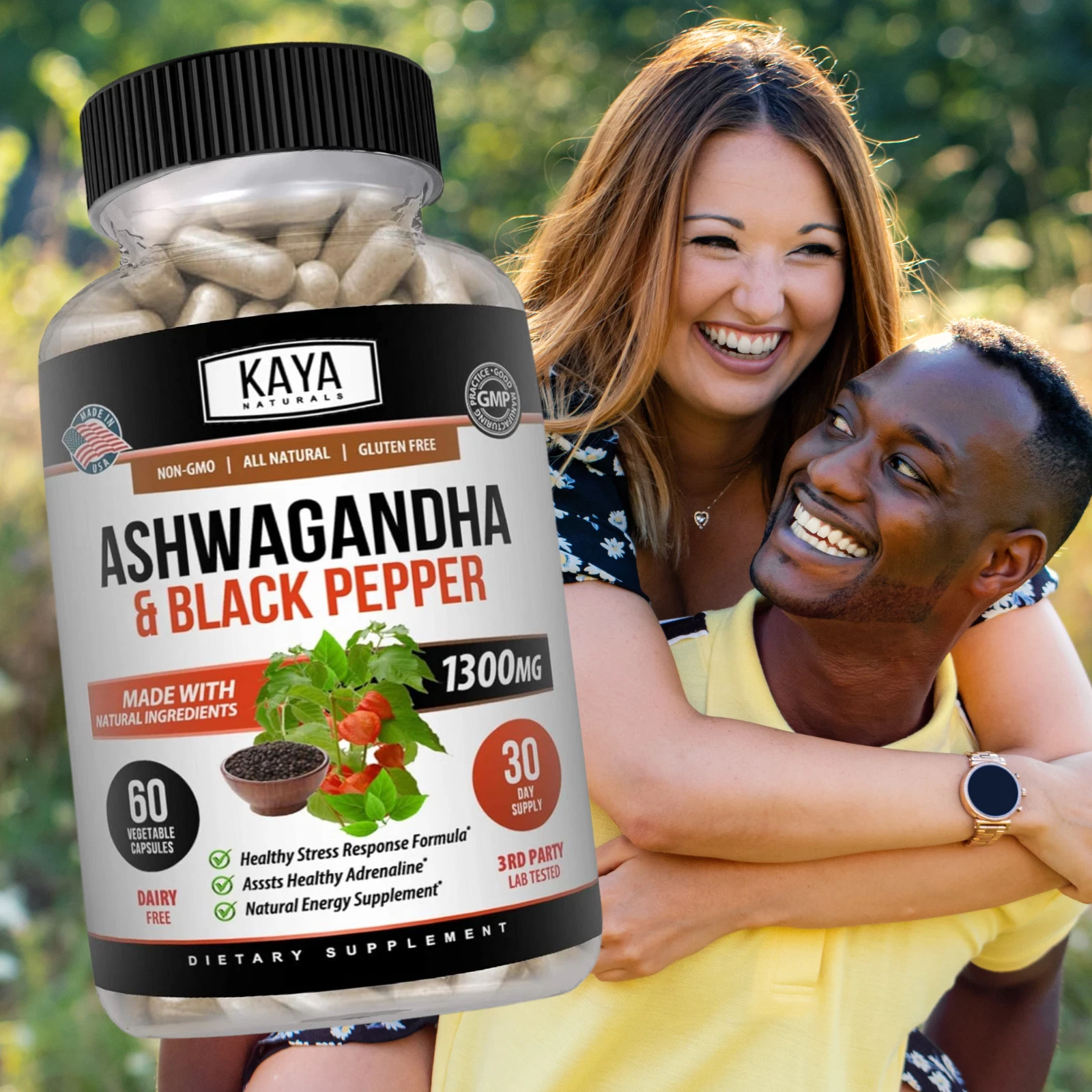 Bottle of Ashwagandha Capsules 1300mg 60ct with ashwagandha, stress & anxiety support to support health and wellness