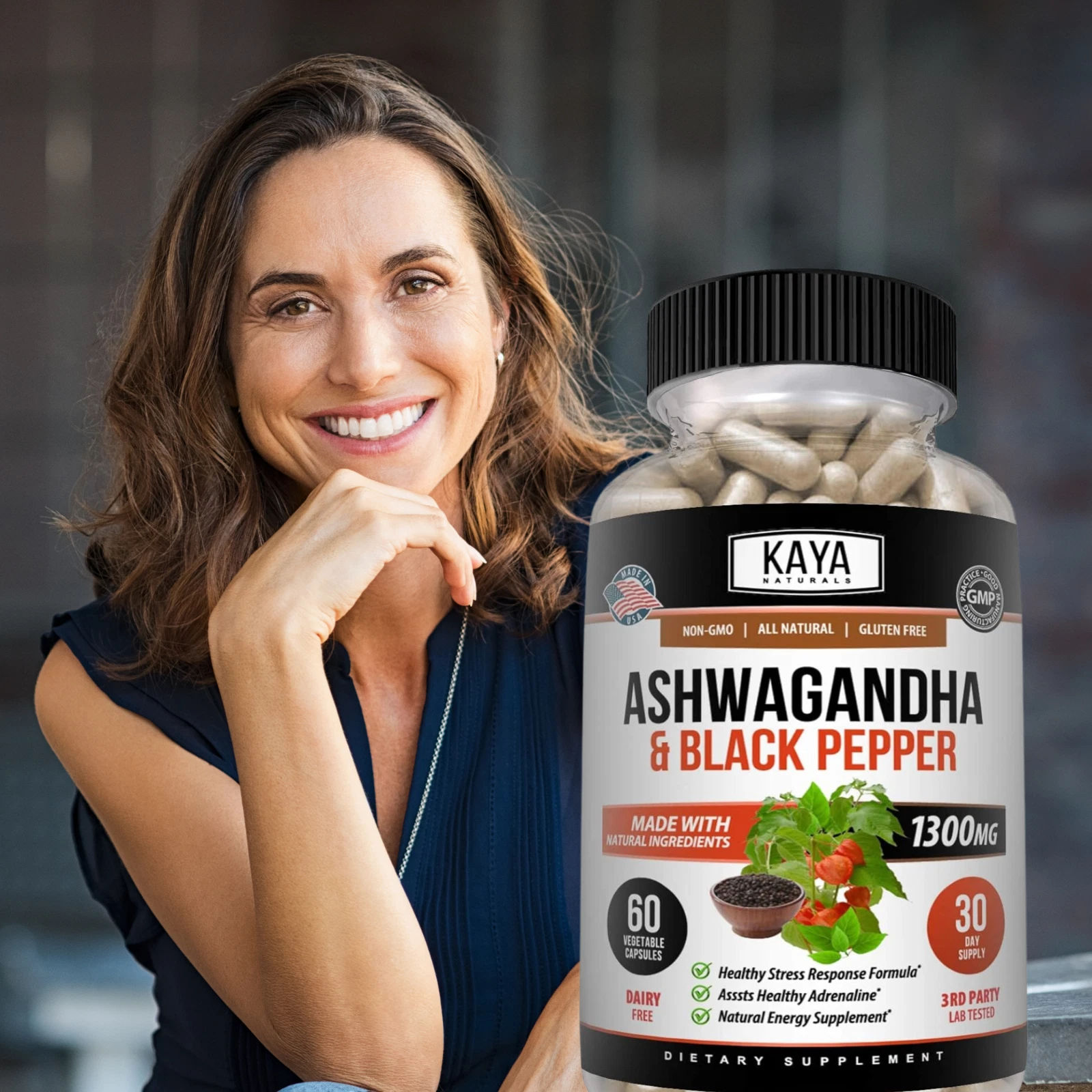 Bottle of Ashwagandha Capsules 1300mg 60ct with ashwagandha, stress & anxiety support to support health and wellness