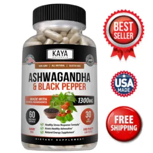 Bottle of Ashwagandha Capsules 1300mg 60ct with ashwagandha, stress & anxiety support to support health and wellness