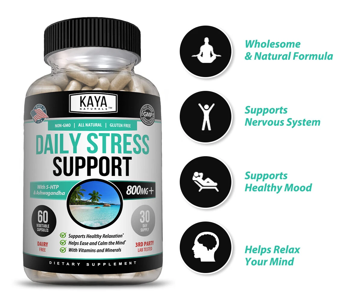 Bottle of Anxiety & Stress Relief 60ct with ashwagandha, stress & calm support to support health and wellness