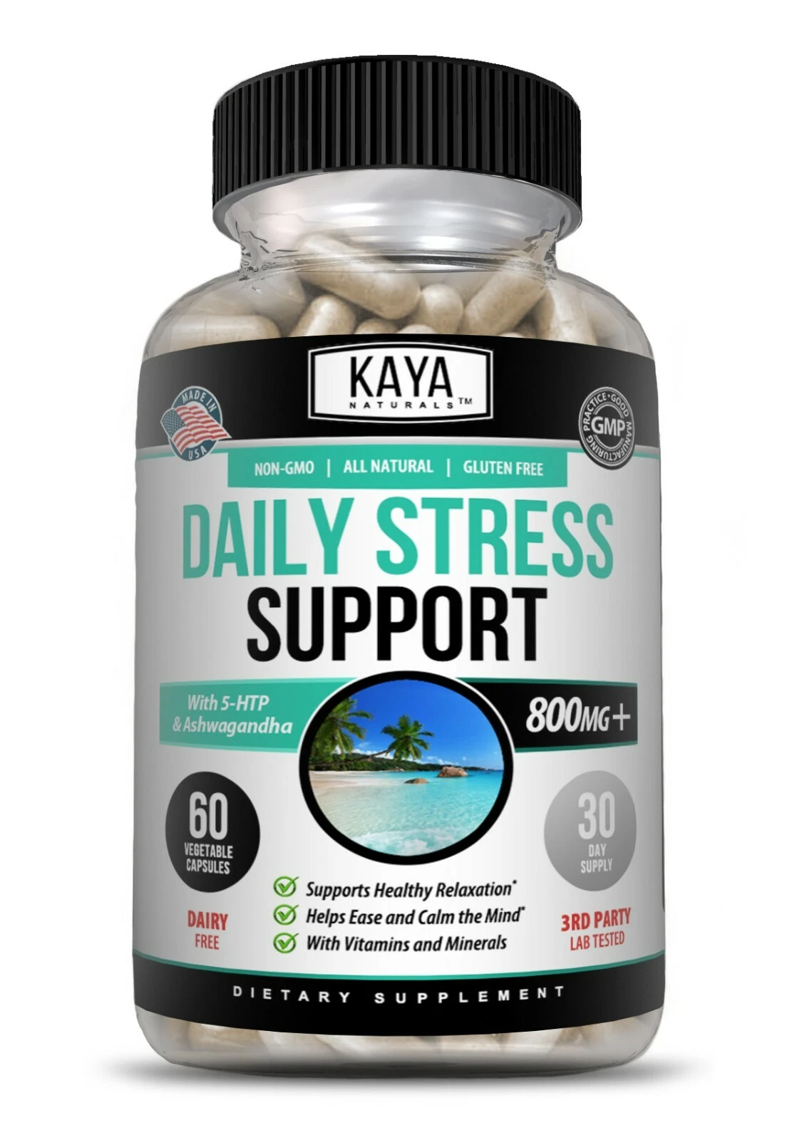 Bottle of Anxiety & Stress Relief 60ct with ashwagandha, stress & calm support to support health and wellness