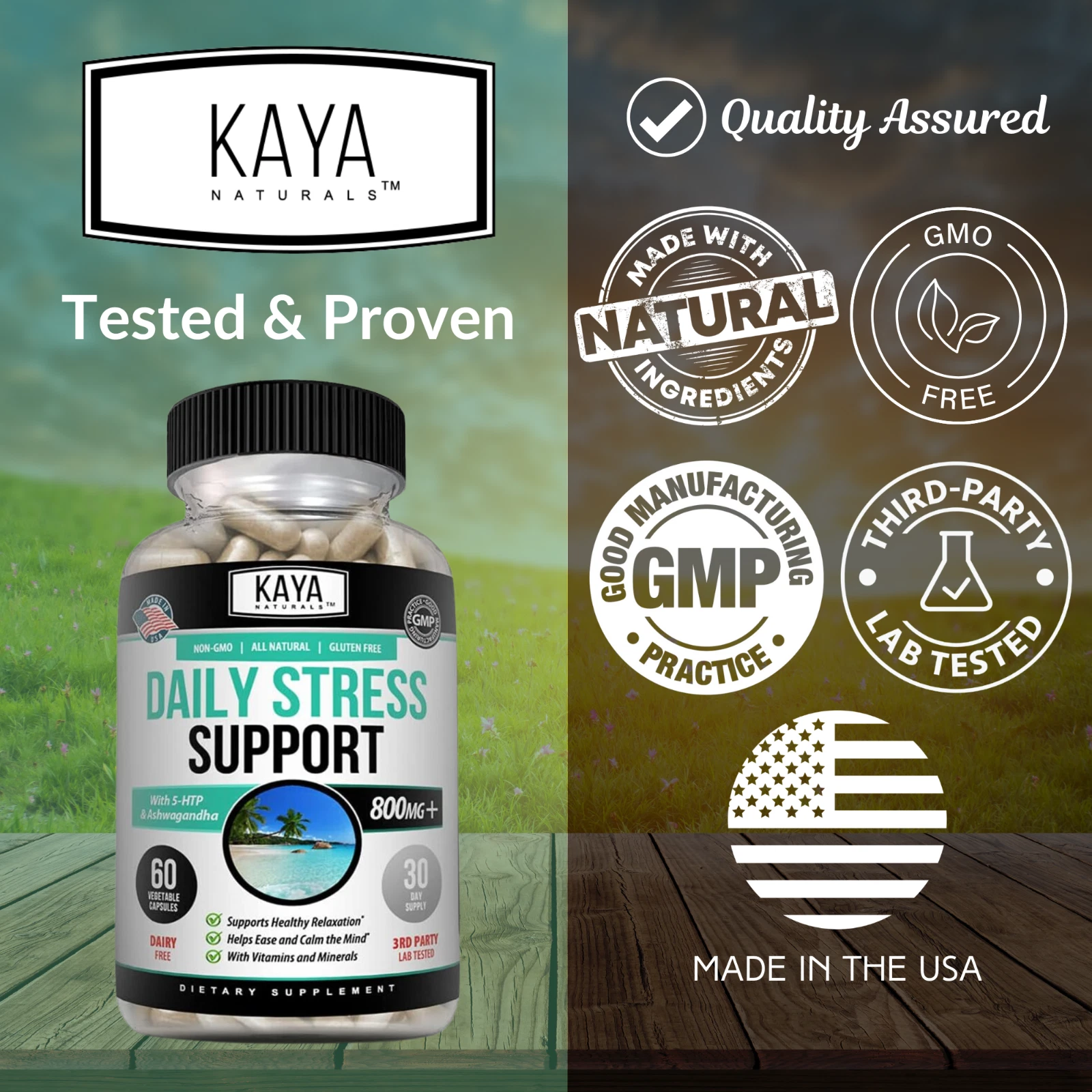 Bottle of Anxiety & Stress Relief 60ct with ashwagandha, stress & calm support to support health and wellness