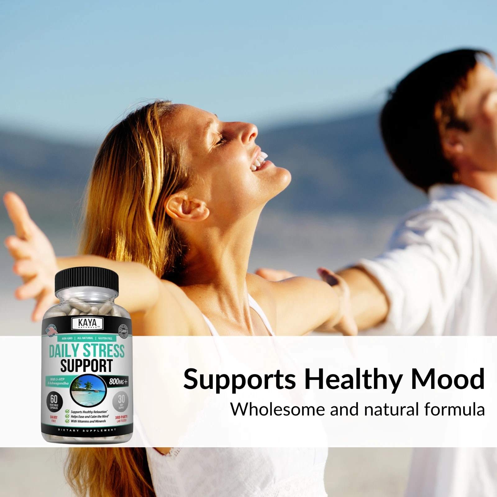 Bottle of Anxiety & Stress Relief 60ct with ashwagandha, stress & calm support to support health and wellness