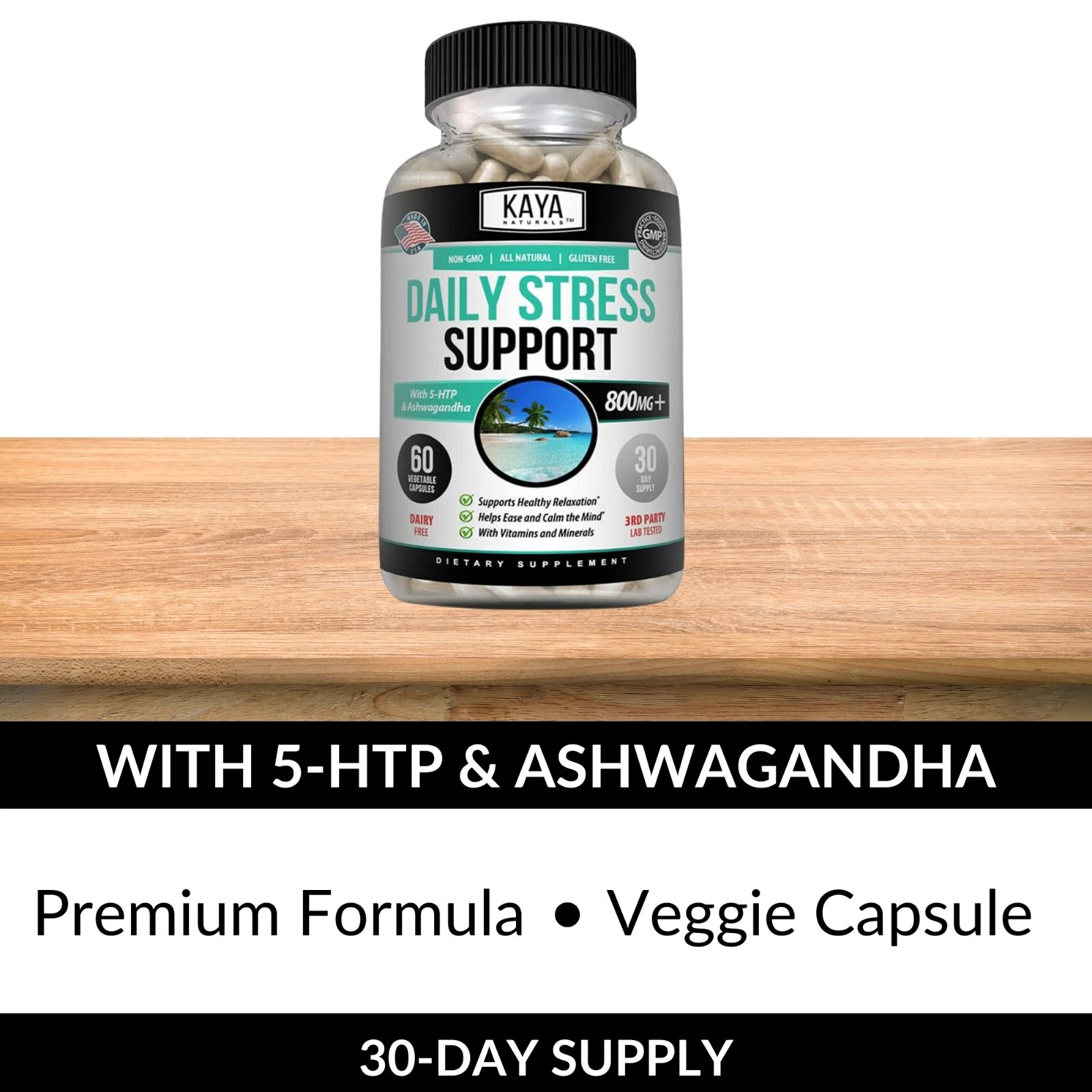 Bottle of Anxiety & Stress Relief 60ct with ashwagandha, stress & calm support to support health and wellness