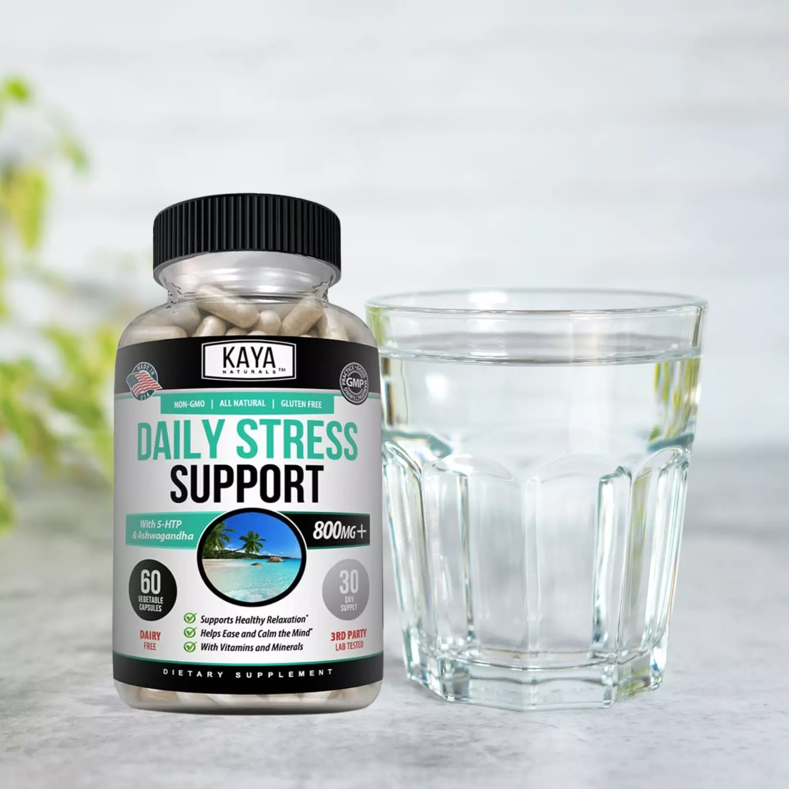 Bottle of Anxiety & Stress Relief 60ct with ashwagandha, stress & calm support to support health and wellness