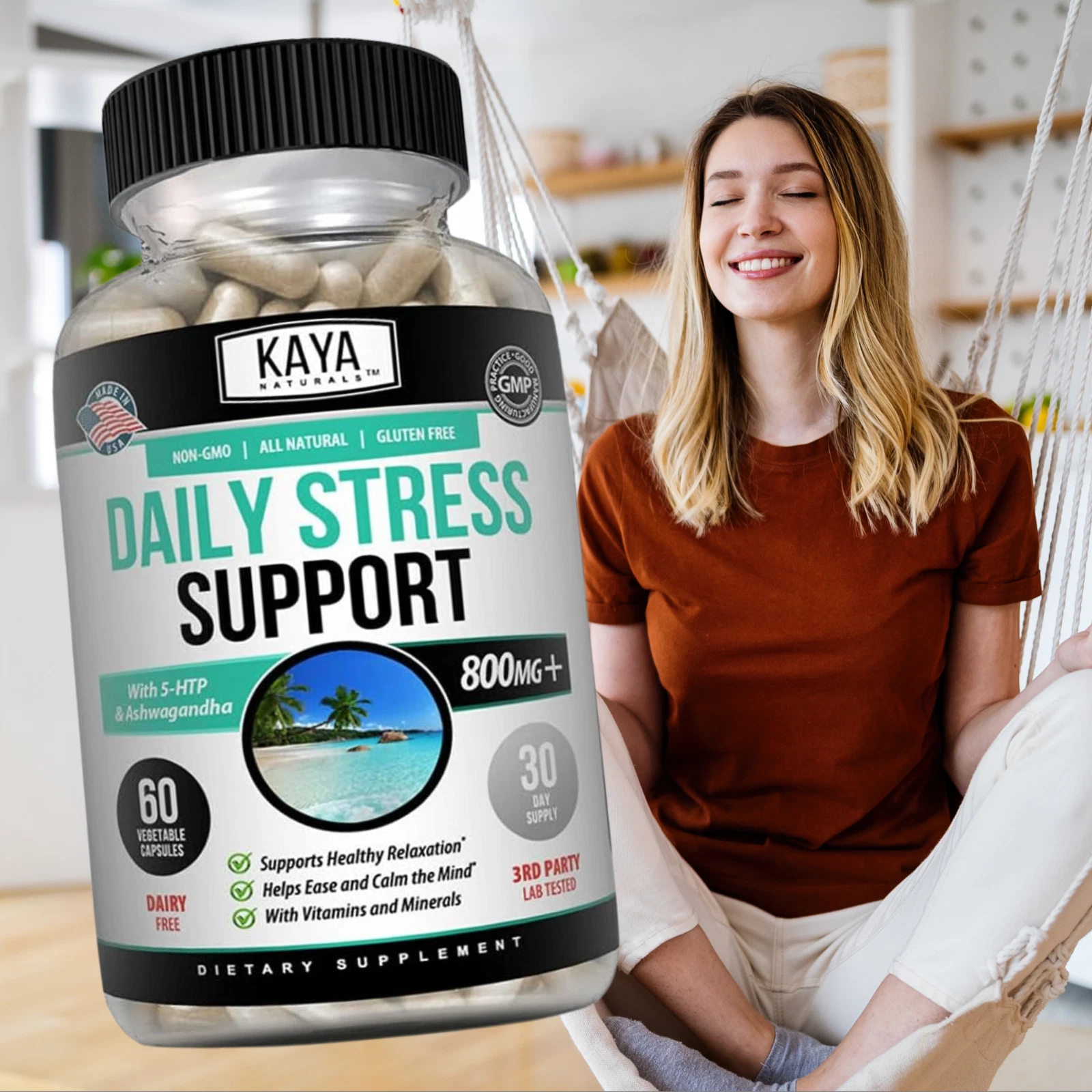 Bottle of Anxiety & Stress Relief 60ct with ashwagandha, stress & calm support to support health and wellness