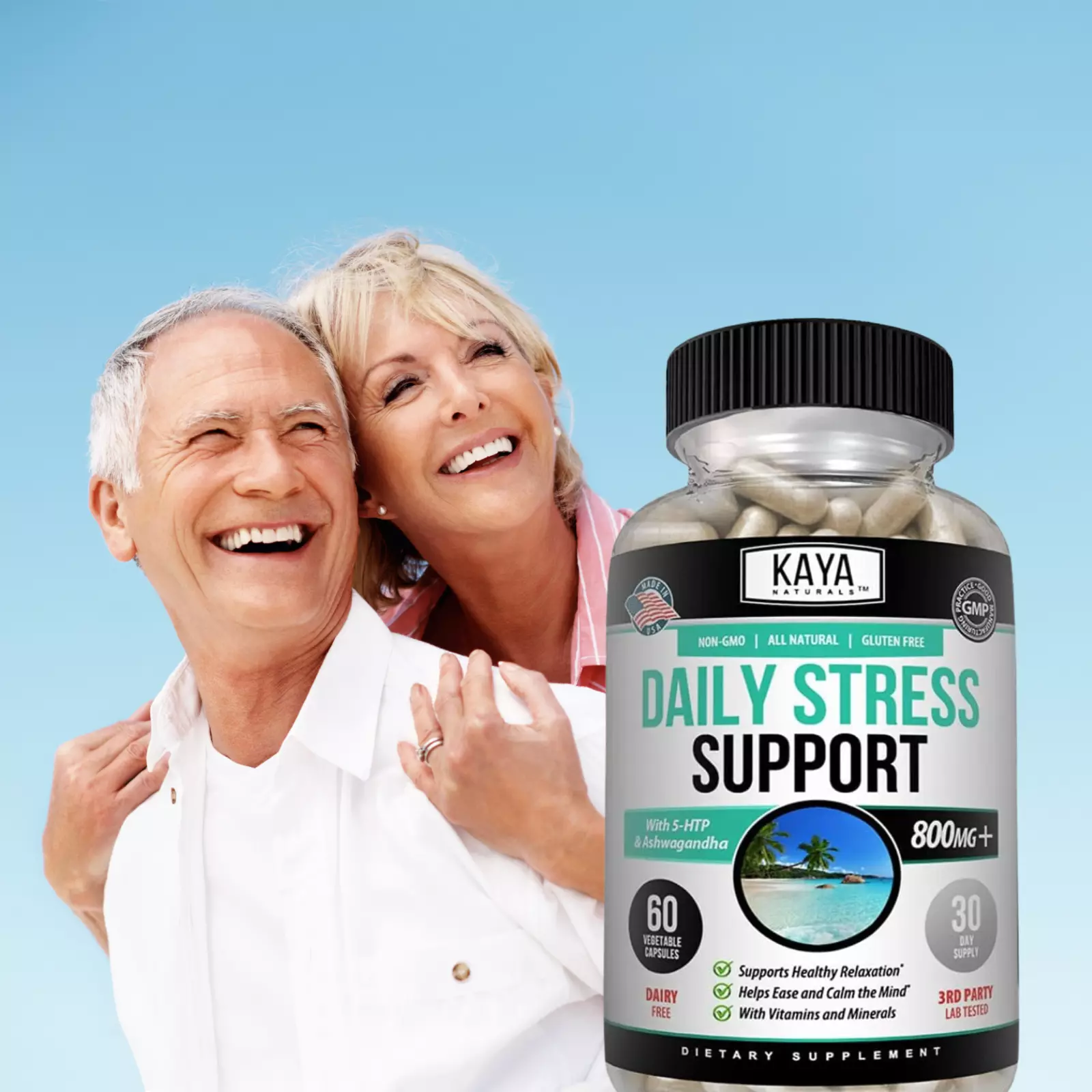 Bottle of Anxiety & Stress Relief 60ct with ashwagandha, stress & calm support to support health and wellness