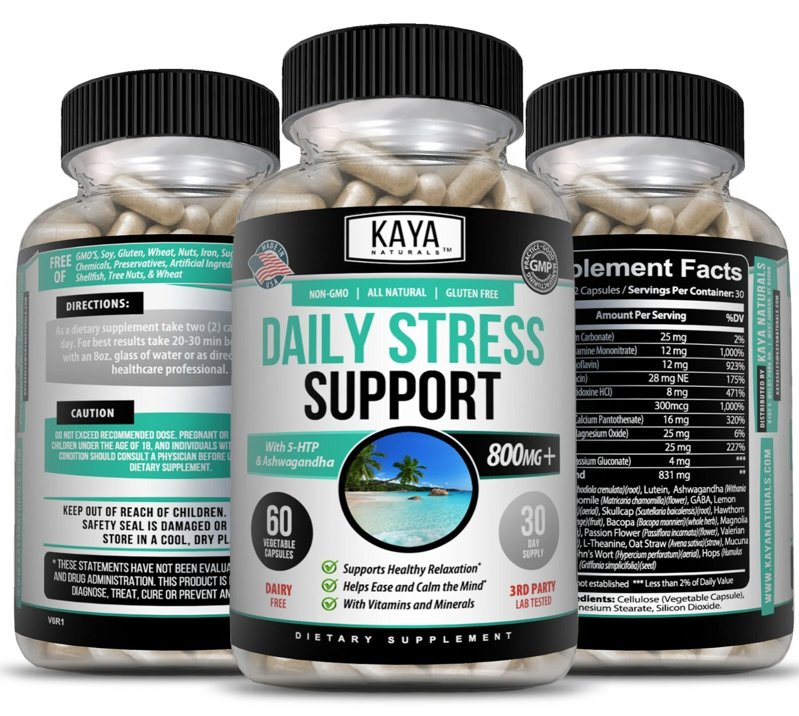 Bottle of Anxiety & Stress Relief 60ct with ashwagandha, stress & calm support to support health and wellness