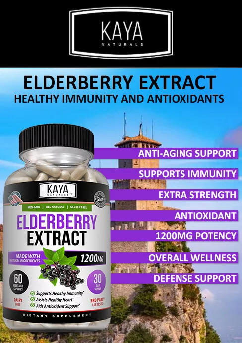 Bottle of Sambucus Black Elderberry 3 Pack 1200mg 60ct with elderberry, immune support to support health and wellness