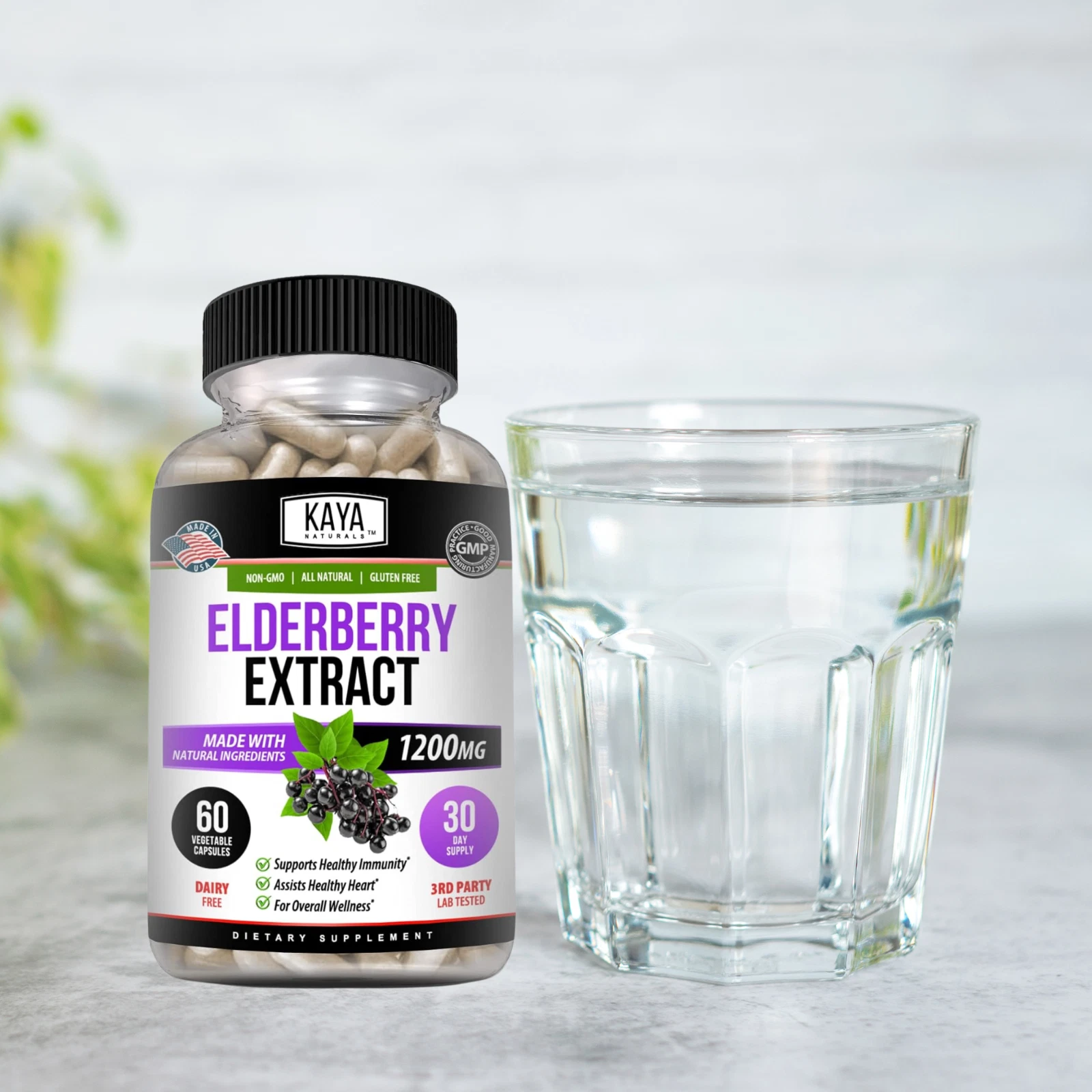 Bottle of Sambucus Black Elderberry 3 Pack 1200mg 60ct with elderberry, immune support to support health and wellness