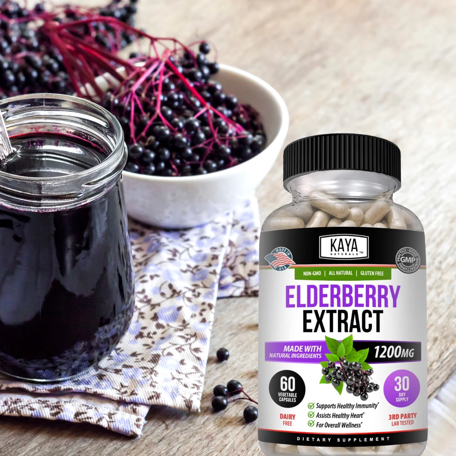 Bottle of Sambucus Black Elderberry 3 Pack 1200mg 60ct with elderberry, immune support to support health and wellness