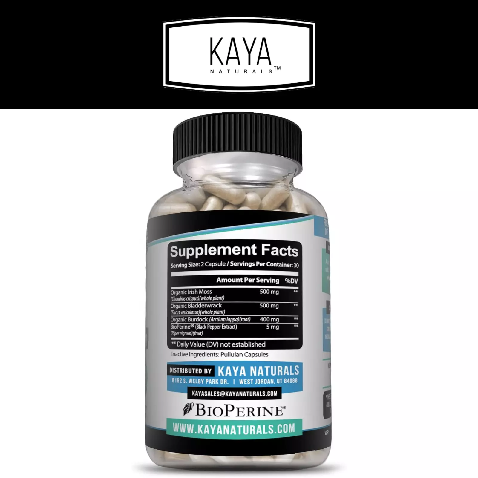 Bottle of Irish Sea Moss Supplement with sea moss, thyroid & immune support to support health and wellness
